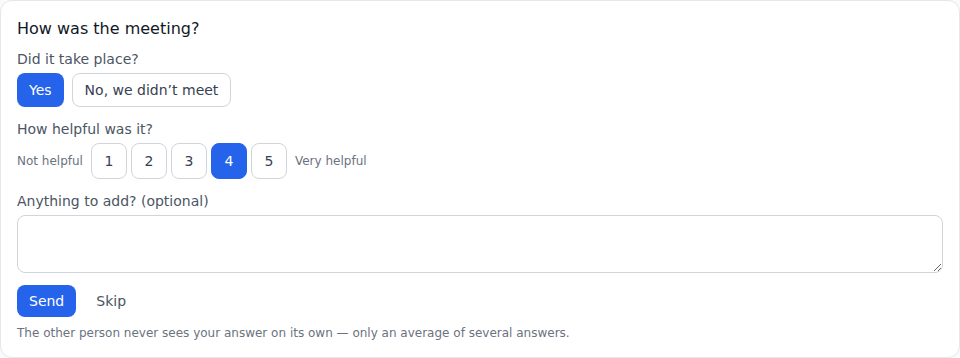 The meeting feedback card: did it take place, answered yes; how helpful was it, 4 of 5 selected; an optional note field; Send and Skip; and a line saying the other person only sees an average