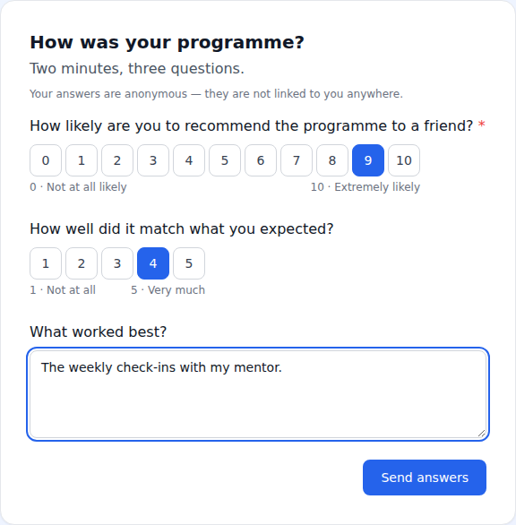 A survey opened from an e-mail link: a note that answers are anonymous, a 0 to 10 recommendation scale with 9 selected, a 1 to 5 expectation scale with 4 selected, a free-text answer and a Send answers button