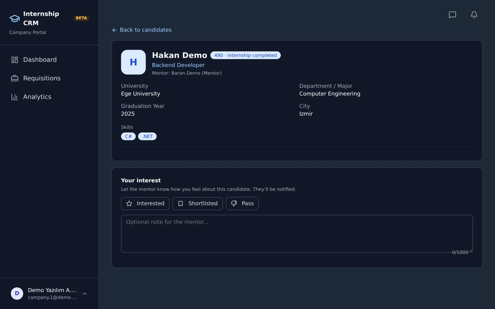 A company’s candidate view: a profile with stage, target role, university and skills, and buttons to give feedback — Interested, Shortlisted or Pass — with a note for the mentor.
