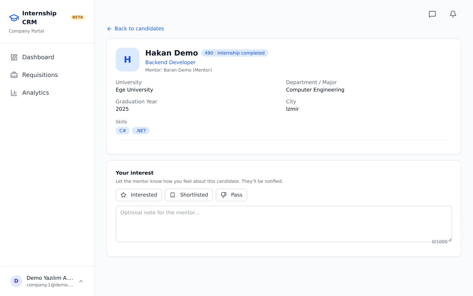 A company’s candidate view: a profile with stage, target role, university and skills, and buttons to give feedback — Interested, Shortlisted or Pass — with a note for the mentor.