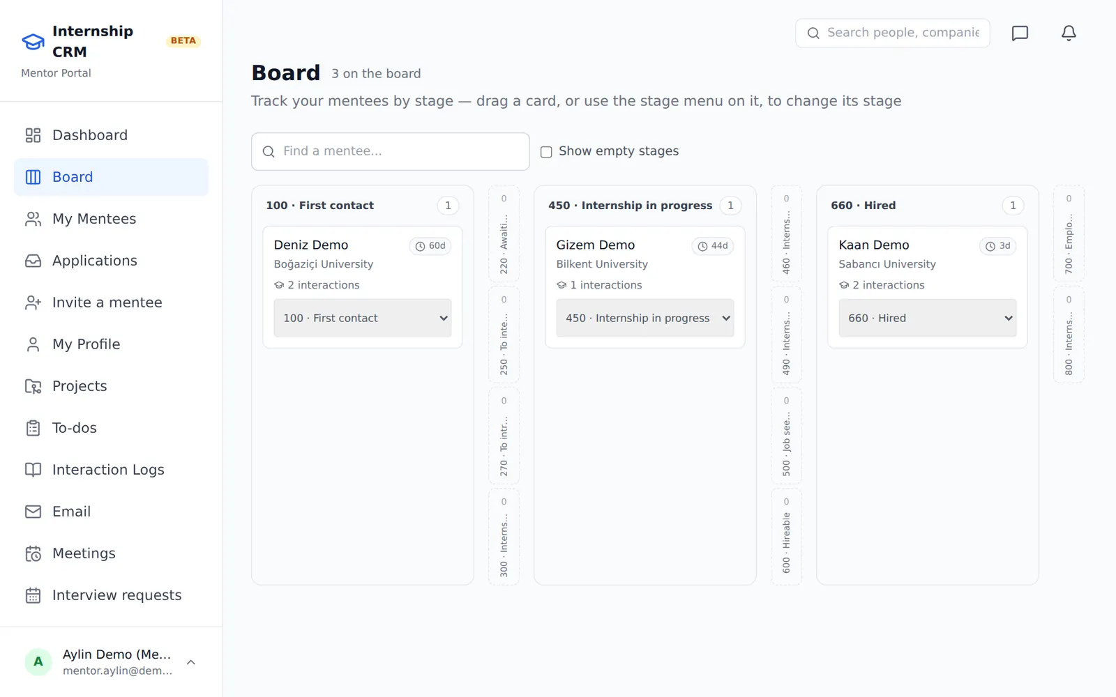 The mentor board: mentee cards sorted into stage columns, each card showing the university, days in the stage and the number of interactions.